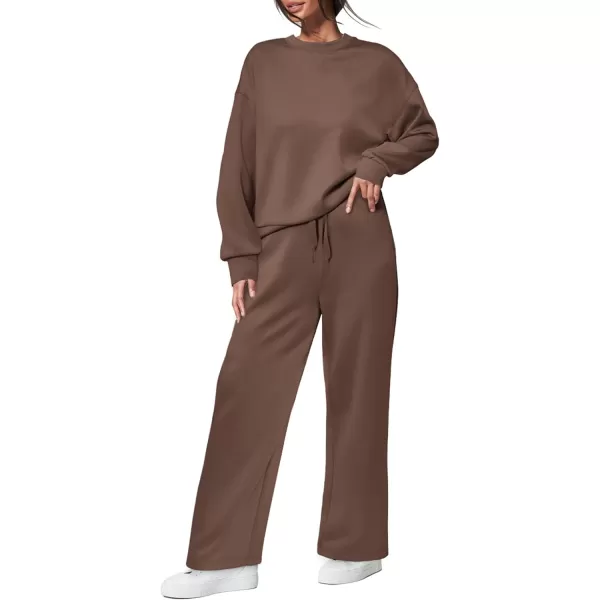 imagePRETTYGARDEN Womens 2 Piece Outfits 2023 Fall Long Sleeve Pullover Tops And Long Pants Lounge Sets TracksuitBrown