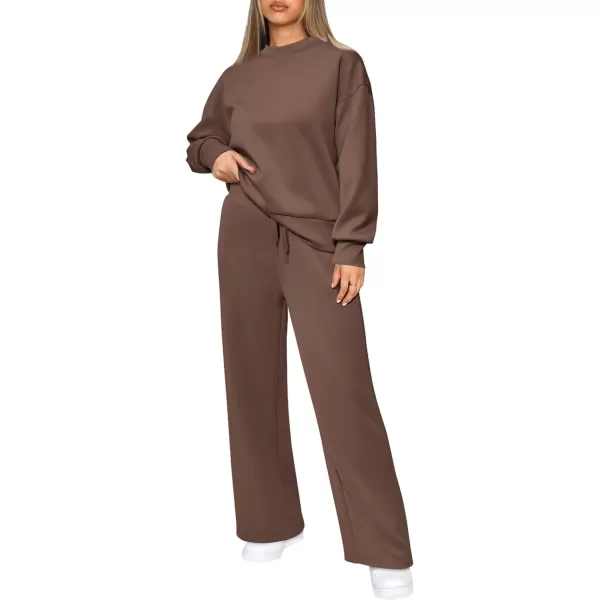 imagePRETTYGARDEN Womens 2 Piece Outfits 2023 Fall Long Sleeve Pullover Tops And Long Pants Lounge Sets TracksuitBrown