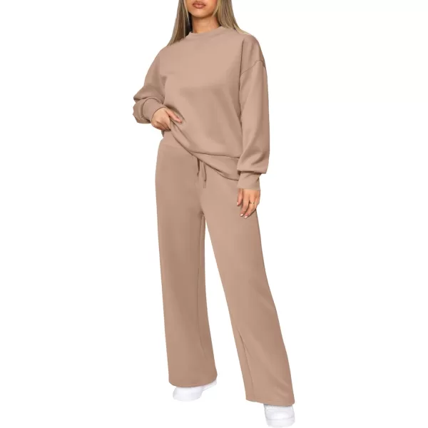 imagePRETTYGARDEN Womens 2 Piece Outfits 2023 Fall Long Sleeve Pullover Tops And Long Pants Lounge Sets TracksuitKhaki