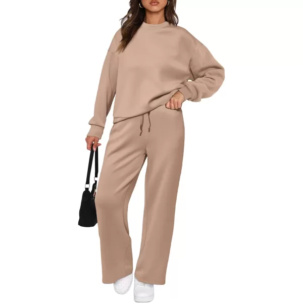 imagePRETTYGARDEN Womens 2 Piece Outfits 2023 Fall Long Sleeve Pullover Tops And Long Pants Lounge Sets TracksuitKhaki
