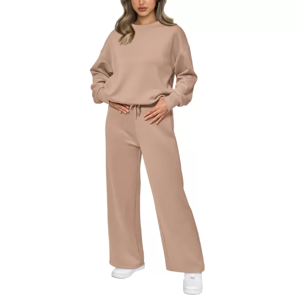 imagePRETTYGARDEN Womens 2 Piece Outfits 2023 Fall Long Sleeve Pullover Tops And Long Pants Lounge Sets TracksuitKhaki