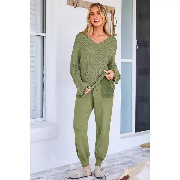 imagePRETTYGARDEN Womens 2 Piece Outfits 2023 Fall V Neck Ripped Knit Pullover Sweater And Long Pants Tracksuit SetArmy Green