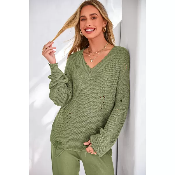 imagePRETTYGARDEN Womens 2 Piece Outfits 2023 Fall V Neck Ripped Knit Pullover Sweater And Long Pants Tracksuit SetArmy Green