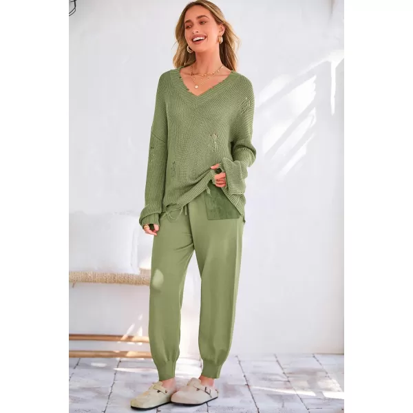 imagePRETTYGARDEN Womens 2 Piece Outfits 2023 Fall V Neck Ripped Knit Pullover Sweater And Long Pants Tracksuit SetArmy Green