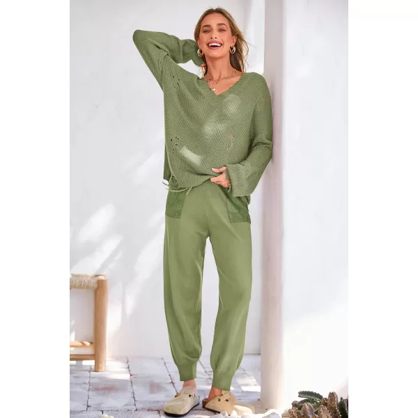 imagePRETTYGARDEN Womens 2 Piece Outfits 2023 Fall V Neck Ripped Knit Pullover Sweater And Long Pants Tracksuit SetArmy Green