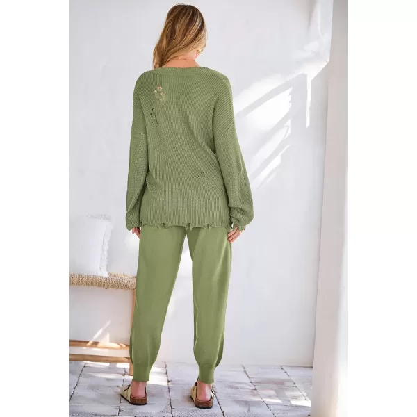 imagePRETTYGARDEN Womens 2 Piece Outfits 2023 Fall V Neck Ripped Knit Pullover Sweater And Long Pants Tracksuit SetArmy Green