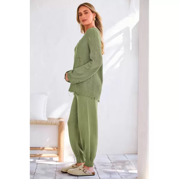 imagePRETTYGARDEN Womens 2 Piece Outfits 2023 Fall V Neck Ripped Knit Pullover Sweater And Long Pants Tracksuit SetArmy Green