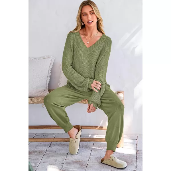 imagePRETTYGARDEN Womens 2 Piece Outfits 2023 Fall V Neck Ripped Knit Pullover Sweater And Long Pants Tracksuit SetArmy Green