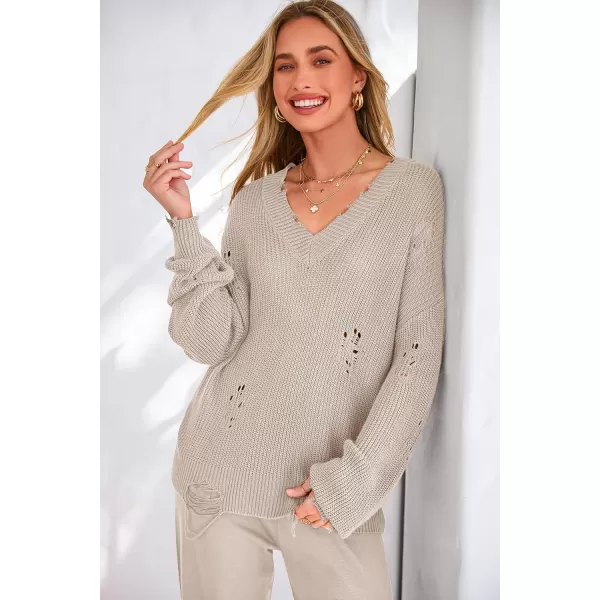 imagePRETTYGARDEN Womens 2 Piece Outfits 2023 Fall V Neck Ripped Knit Pullover Sweater And Long Pants Tracksuit SetBeige