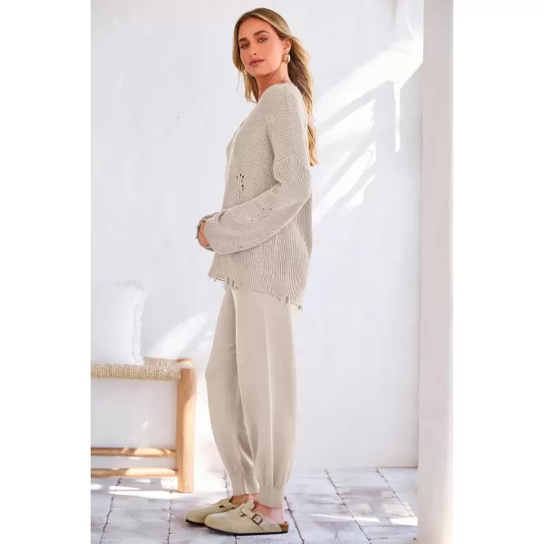 imagePRETTYGARDEN Womens 2 Piece Outfits 2023 Fall V Neck Ripped Knit Pullover Sweater And Long Pants Tracksuit SetBeige