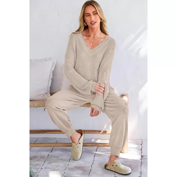 imagePRETTYGARDEN Womens 2 Piece Outfits 2023 Fall V Neck Ripped Knit Pullover Sweater And Long Pants Tracksuit SetBeige