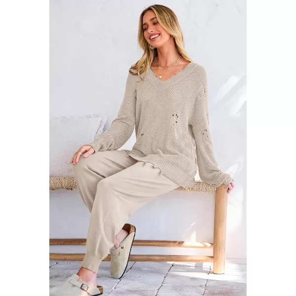 imagePRETTYGARDEN Womens 2 Piece Outfits 2023 Fall V Neck Ripped Knit Pullover Sweater And Long Pants Tracksuit SetBeige
