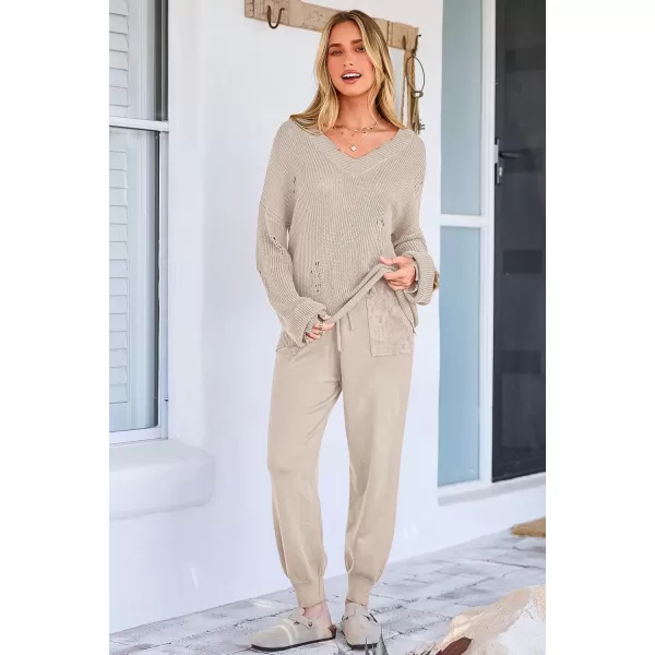 imagePRETTYGARDEN Womens 2 Piece Outfits 2023 Fall V Neck Ripped Knit Pullover Sweater And Long Pants Tracksuit SetBeige