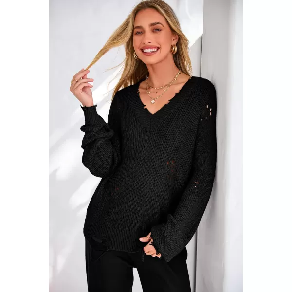 imagePRETTYGARDEN Womens 2 Piece Outfits 2023 Fall V Neck Ripped Knit Pullover Sweater And Long Pants Tracksuit SetBlack