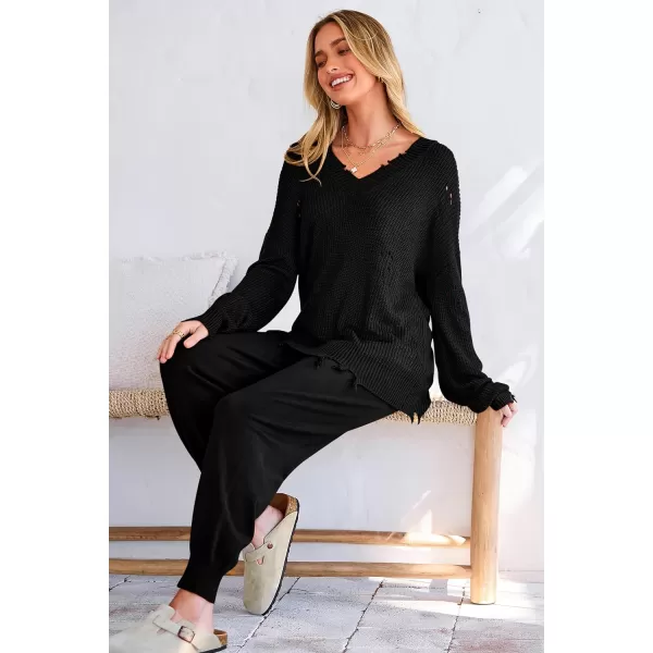 imagePRETTYGARDEN Womens 2 Piece Outfits 2023 Fall V Neck Ripped Knit Pullover Sweater And Long Pants Tracksuit SetBlack