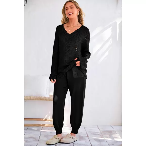 imagePRETTYGARDEN Womens 2 Piece Outfits 2023 Fall V Neck Ripped Knit Pullover Sweater And Long Pants Tracksuit SetBlack