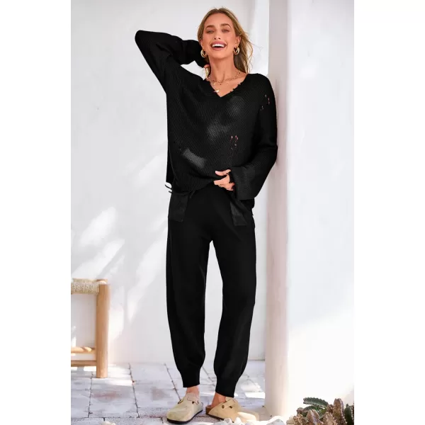 imagePRETTYGARDEN Womens 2 Piece Outfits 2023 Fall V Neck Ripped Knit Pullover Sweater And Long Pants Tracksuit SetBlack