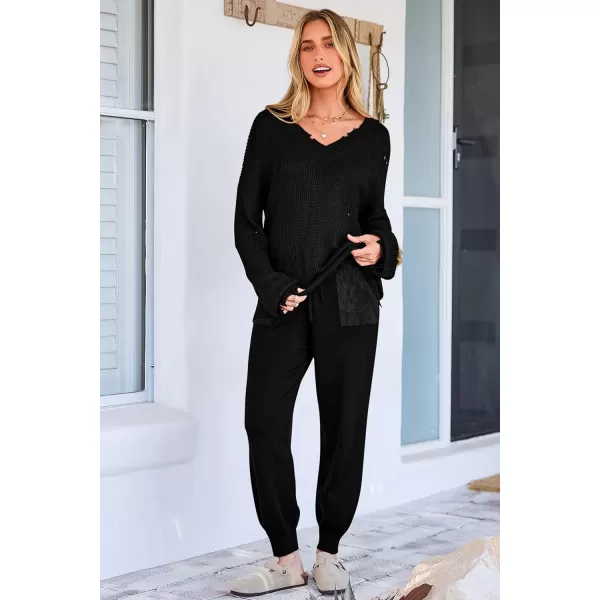 imagePRETTYGARDEN Womens 2 Piece Outfits 2023 Fall V Neck Ripped Knit Pullover Sweater And Long Pants Tracksuit SetBlack