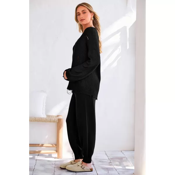 imagePRETTYGARDEN Womens 2 Piece Outfits 2023 Fall V Neck Ripped Knit Pullover Sweater And Long Pants Tracksuit SetBlack