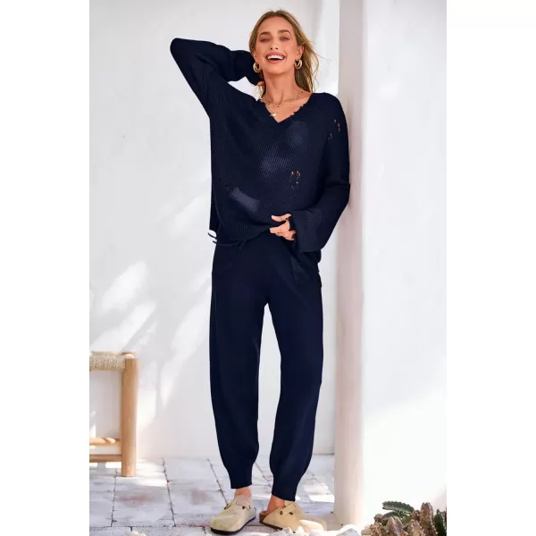 imagePRETTYGARDEN Womens 2 Piece Outfits 2023 Fall V Neck Ripped Knit Pullover Sweater And Long Pants Tracksuit SetDark Blue