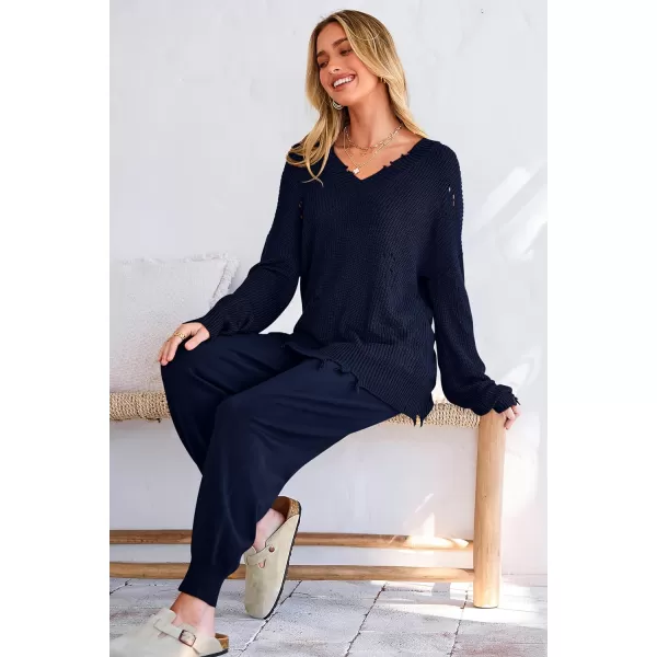 imagePRETTYGARDEN Womens 2 Piece Outfits 2023 Fall V Neck Ripped Knit Pullover Sweater And Long Pants Tracksuit SetDark Blue