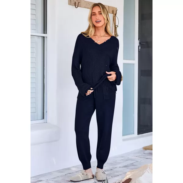 imagePRETTYGARDEN Womens 2 Piece Outfits 2023 Fall V Neck Ripped Knit Pullover Sweater And Long Pants Tracksuit SetDark Blue
