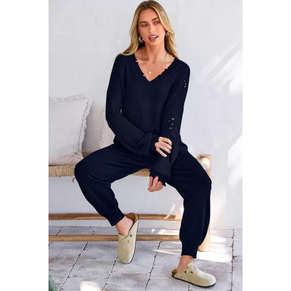 imagePRETTYGARDEN Womens 2 Piece Outfits 2023 Fall V Neck Ripped Knit Pullover Sweater And Long Pants Tracksuit SetDark Blue