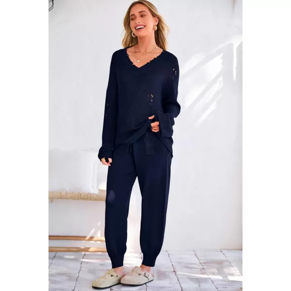 imagePRETTYGARDEN Womens 2 Piece Outfits 2023 Fall V Neck Ripped Knit Pullover Sweater And Long Pants Tracksuit SetDark Blue