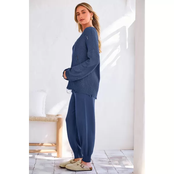 imagePRETTYGARDEN Womens 2 Piece Outfits 2023 Fall V Neck Ripped Knit Pullover Sweater And Long Pants Tracksuit SetDenim Blue