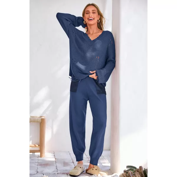 imagePRETTYGARDEN Womens 2 Piece Outfits 2023 Fall V Neck Ripped Knit Pullover Sweater And Long Pants Tracksuit SetDenim Blue