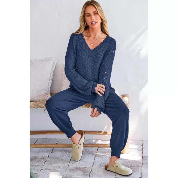 imagePRETTYGARDEN Womens 2 Piece Outfits 2023 Fall V Neck Ripped Knit Pullover Sweater And Long Pants Tracksuit SetDenim Blue