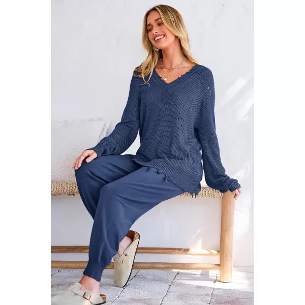 imagePRETTYGARDEN Womens 2 Piece Outfits 2023 Fall V Neck Ripped Knit Pullover Sweater And Long Pants Tracksuit SetDenim Blue