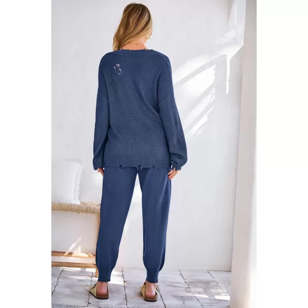 imagePRETTYGARDEN Womens 2 Piece Outfits 2023 Fall V Neck Ripped Knit Pullover Sweater And Long Pants Tracksuit SetDenim Blue