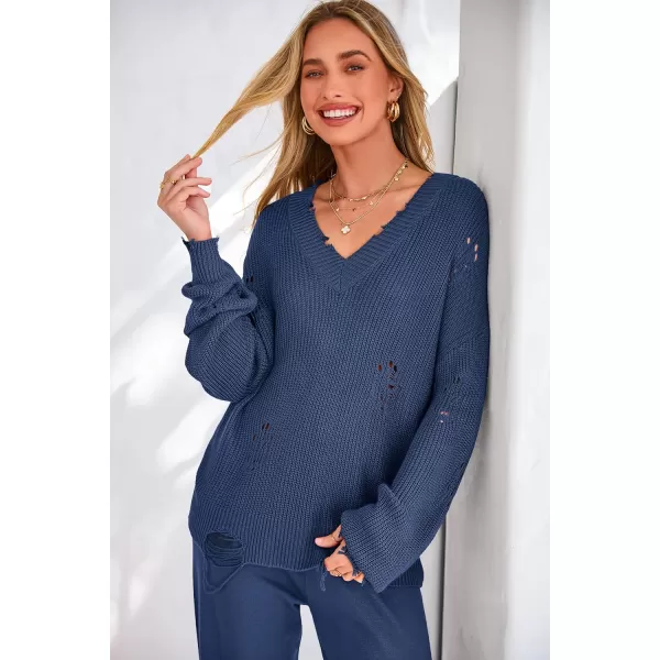 imagePRETTYGARDEN Womens 2 Piece Outfits 2023 Fall V Neck Ripped Knit Pullover Sweater And Long Pants Tracksuit SetDenim Blue