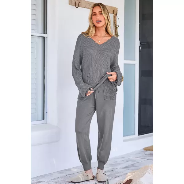 imagePRETTYGARDEN Womens 2 Piece Outfits 2023 Fall V Neck Ripped Knit Pullover Sweater And Long Pants Tracksuit SetGrey