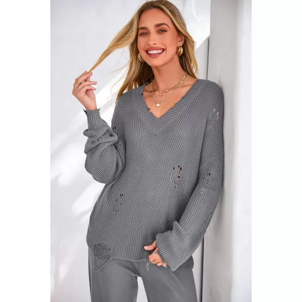 imagePRETTYGARDEN Womens 2 Piece Outfits 2023 Fall V Neck Ripped Knit Pullover Sweater And Long Pants Tracksuit SetGrey