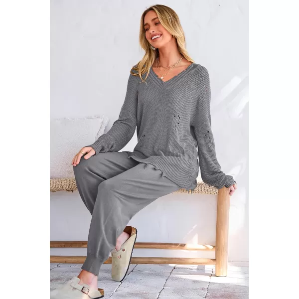 imagePRETTYGARDEN Womens 2 Piece Outfits 2023 Fall V Neck Ripped Knit Pullover Sweater And Long Pants Tracksuit SetGrey