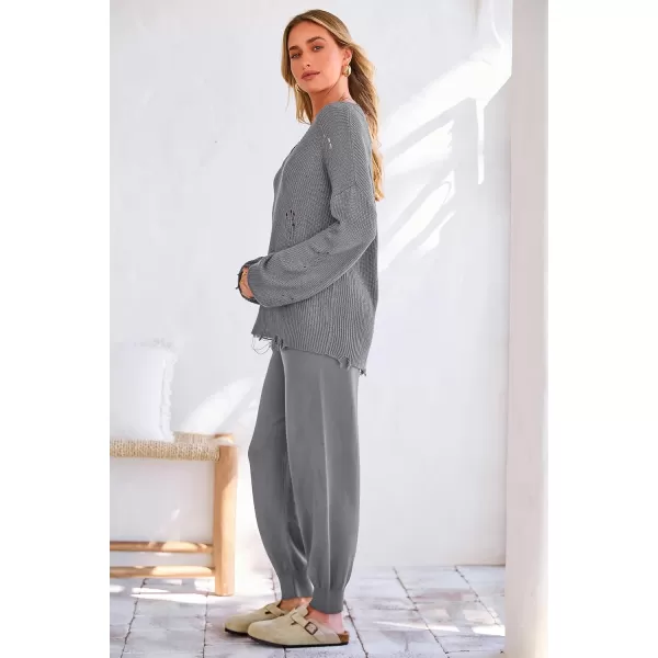imagePRETTYGARDEN Womens 2 Piece Outfits 2023 Fall V Neck Ripped Knit Pullover Sweater And Long Pants Tracksuit SetGrey