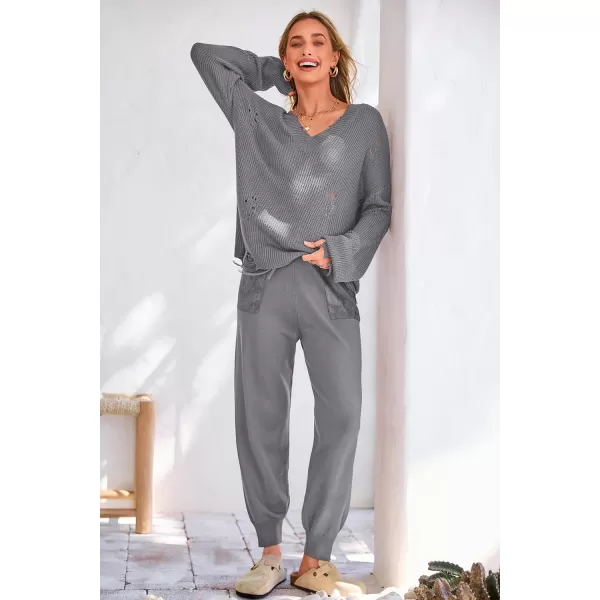 imagePRETTYGARDEN Womens 2 Piece Outfits 2023 Fall V Neck Ripped Knit Pullover Sweater And Long Pants Tracksuit SetGrey