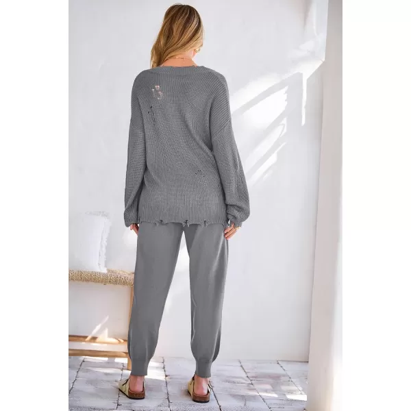 imagePRETTYGARDEN Womens 2 Piece Outfits 2023 Fall V Neck Ripped Knit Pullover Sweater And Long Pants Tracksuit SetGrey