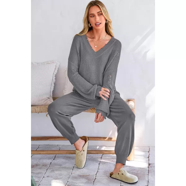 imagePRETTYGARDEN Womens 2 Piece Outfits 2023 Fall V Neck Ripped Knit Pullover Sweater And Long Pants Tracksuit SetGrey