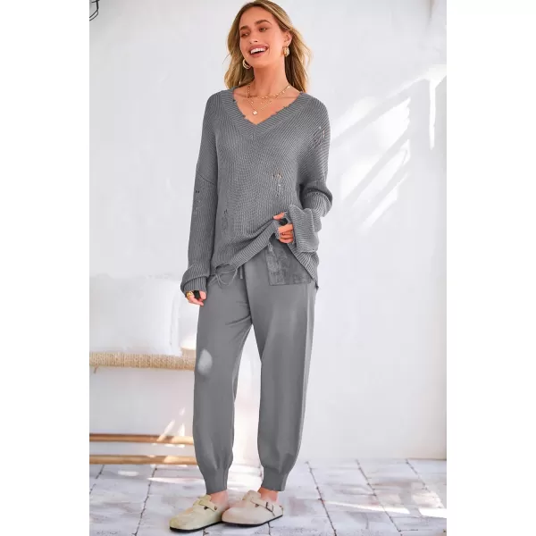 imagePRETTYGARDEN Womens 2 Piece Outfits 2023 Fall V Neck Ripped Knit Pullover Sweater And Long Pants Tracksuit SetGrey