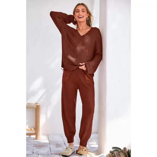 imagePRETTYGARDEN Womens 2 Piece Outfits 2023 Fall V Neck Ripped Knit Pullover Sweater And Long Pants Tracksuit SetRed Brown