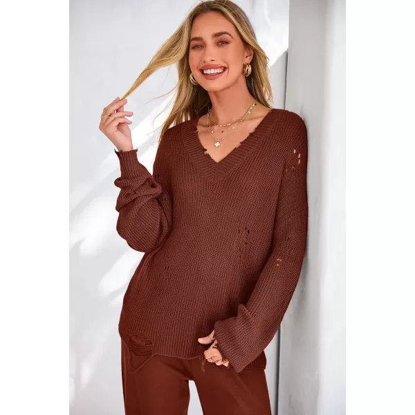 imagePRETTYGARDEN Womens 2 Piece Outfits 2023 Fall V Neck Ripped Knit Pullover Sweater And Long Pants Tracksuit SetRed Brown