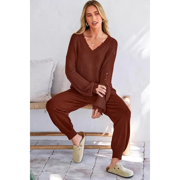 imagePRETTYGARDEN Womens 2 Piece Outfits 2023 Fall V Neck Ripped Knit Pullover Sweater And Long Pants Tracksuit SetRed Brown