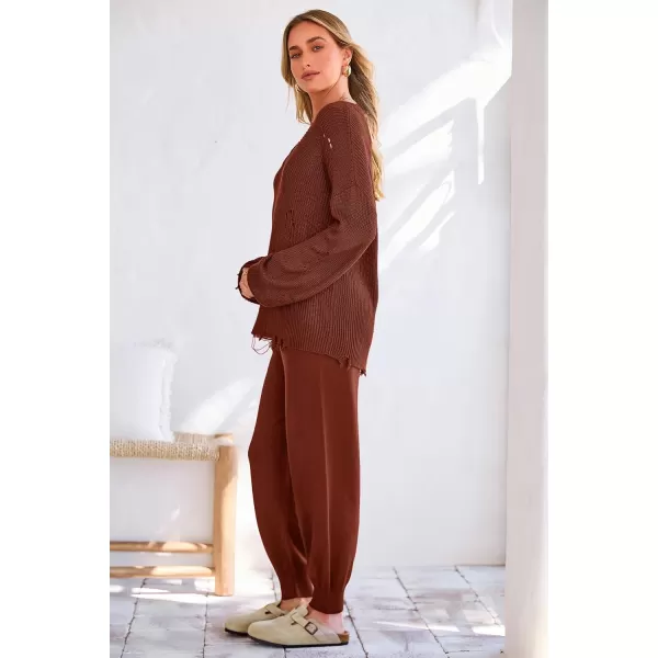imagePRETTYGARDEN Womens 2 Piece Outfits 2023 Fall V Neck Ripped Knit Pullover Sweater And Long Pants Tracksuit SetRed Brown