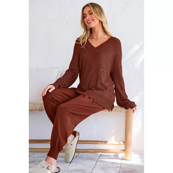 imagePRETTYGARDEN Womens 2 Piece Outfits 2023 Fall V Neck Ripped Knit Pullover Sweater And Long Pants Tracksuit SetRed Brown