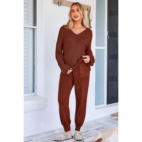imagePRETTYGARDEN Womens 2 Piece Outfits 2023 Fall V Neck Ripped Knit Pullover Sweater And Long Pants Tracksuit SetRed Brown