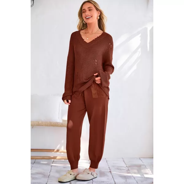 imagePRETTYGARDEN Womens 2 Piece Outfits 2023 Fall V Neck Ripped Knit Pullover Sweater And Long Pants Tracksuit SetRed Brown