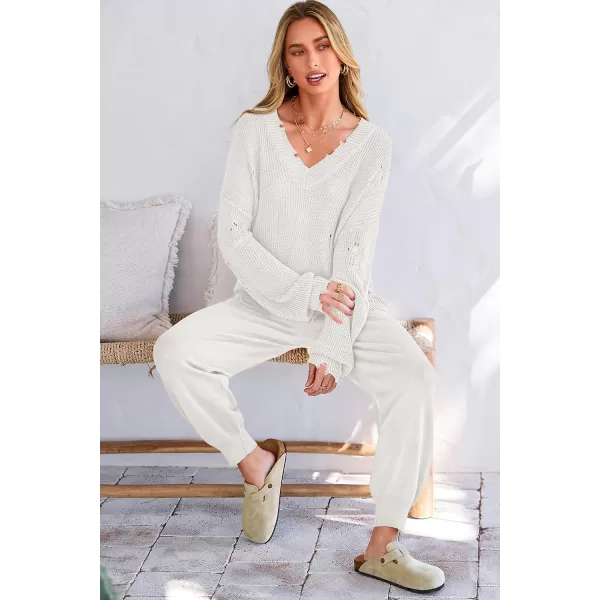 imagePRETTYGARDEN Womens 2 Piece Outfits 2023 Fall V Neck Ripped Knit Pullover Sweater And Long Pants Tracksuit SetWhite